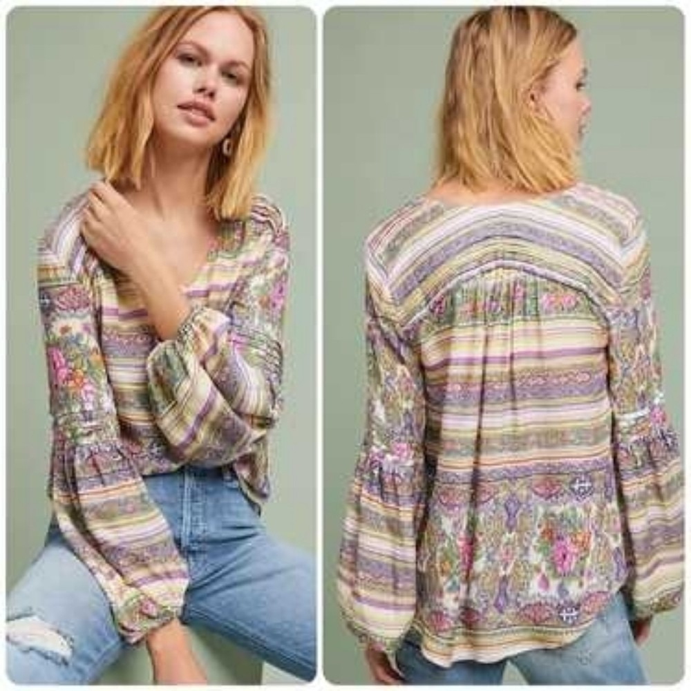 Anthropologie Maeve Long Sleeve Colorful  Striped Floral Cottage Blouse Vneck M‎
